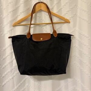 Longchamp Le Pliage Large Shoulder Tote Bag Black Brown Leather Trim